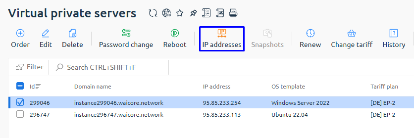IP addresses tab